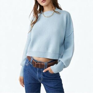Free People Easy Street Crop Sweater Blue L Coastal Chic Minimalist Oversized